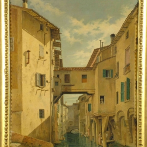Annibale Marini, Veduta del canale di Reno tra via Malcontenti e via Piella, fine del XIX secolo, Collezioni della Fondazione Carisbo di Bologna 