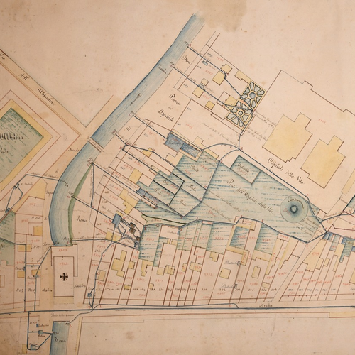 Fig. 1 Giuseppe Tubertini, dettaglio dalla Pianta della Chiavica denominata Vicinanza delle Lamme…, nella pianta si nota il Canale di Reno a cielo aperto tra l’Ospedale Maggiore e via dell’Abbadia, ante 1831, Archivio Canali di Bologna